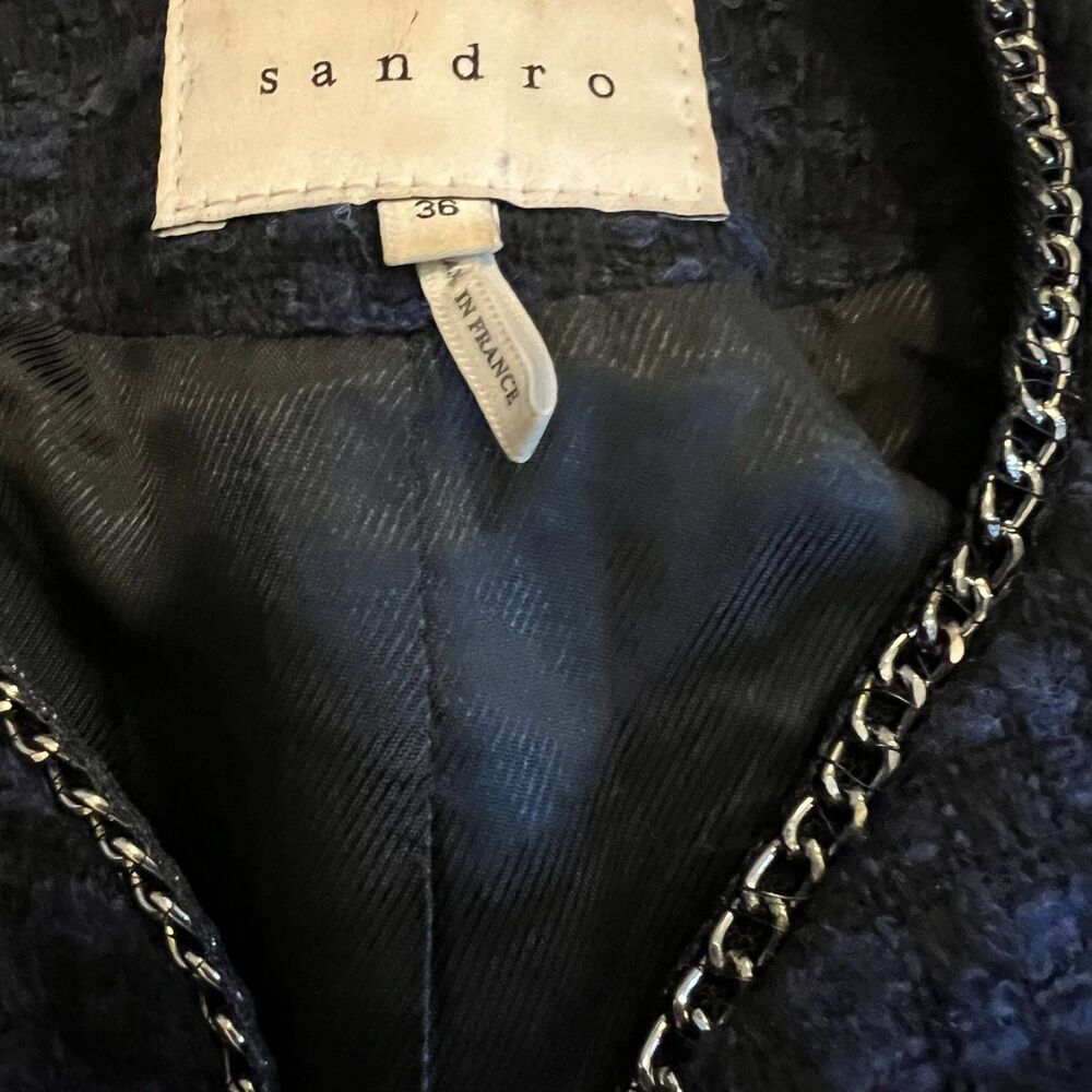 Sandro Paris Wool & Leather Blue Marine Black Knit Jacket w/ Chain Size 36 /US 4 - Picture 4 of 8